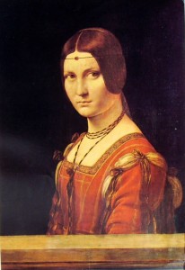 Leonardo da Vinci: La belle Ferronnière, periodo 1490-1495, dimensioni cm. 62 x 44, Parigi Louvre.